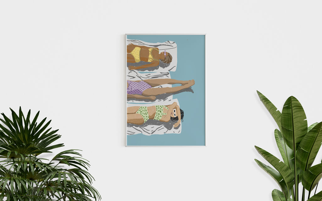 This image features a stylish and minimalist beach-themed poster, perfect for modern decor. The poster displays an artistic illustration by Oliko Tkebuchava, emphasizing simplicity and elegance.