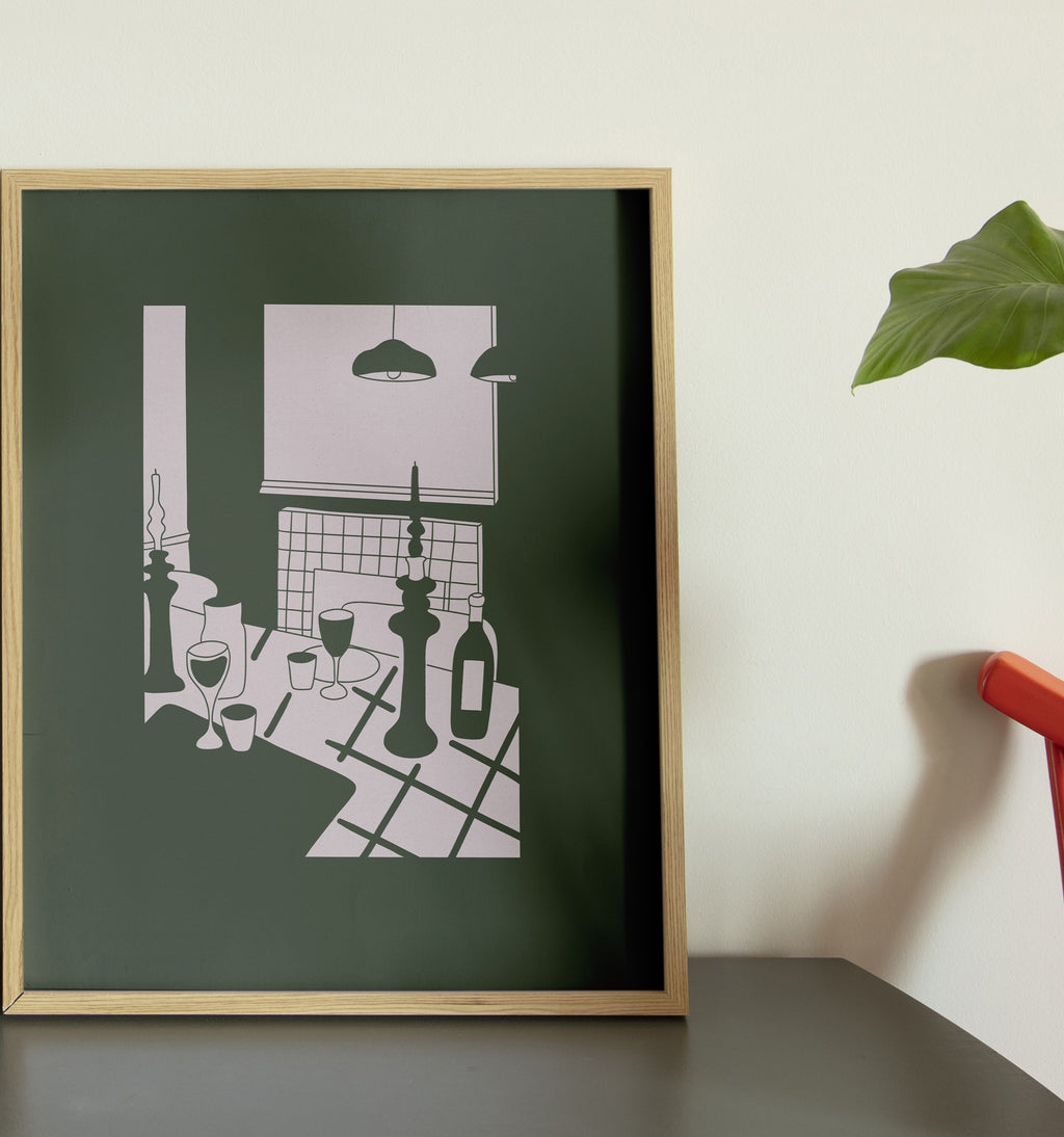 Minimalist interior art poster “Shared Table” by Georgian illustrator Oliko Tkebuchava.