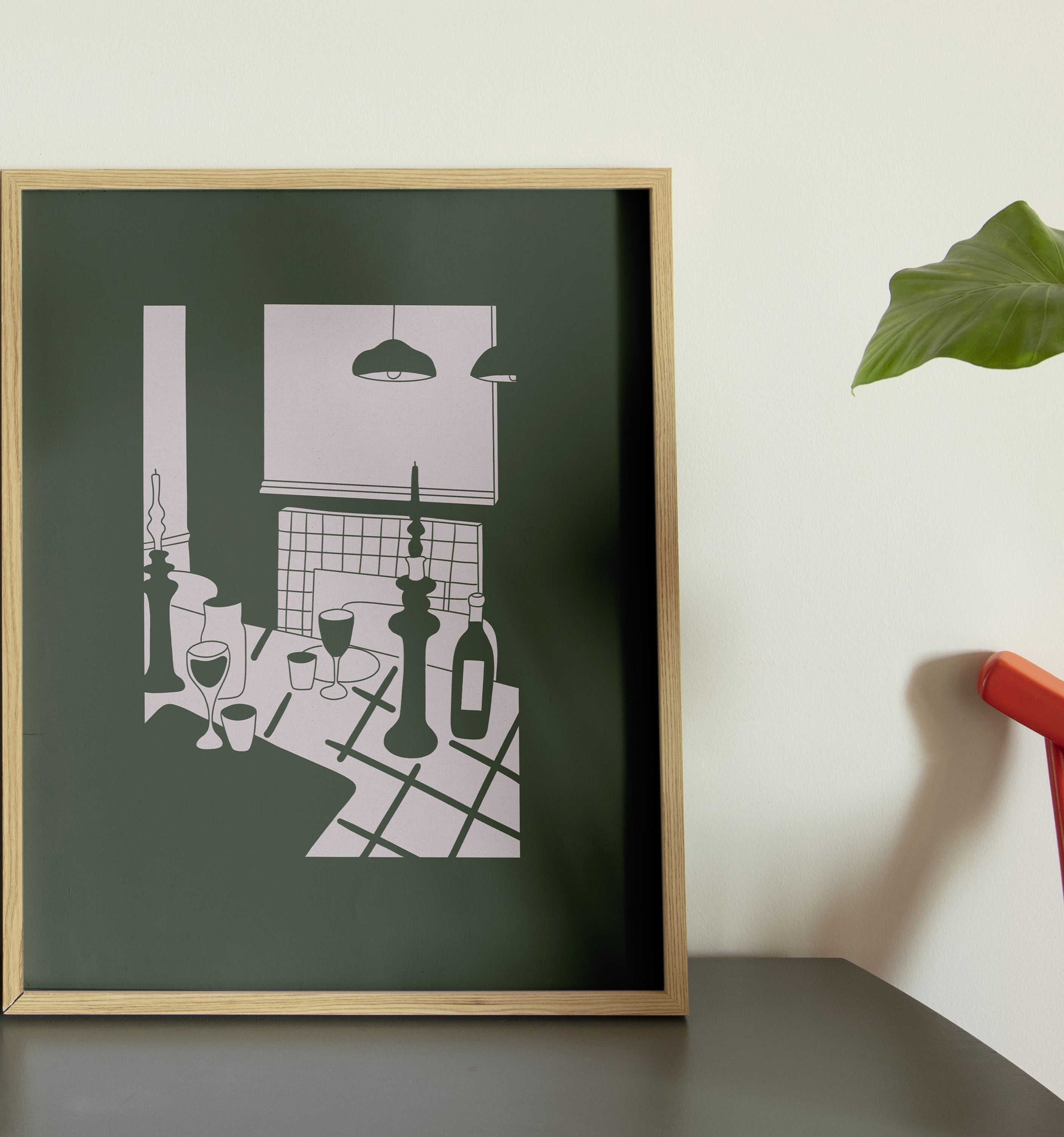 Minimalist interior art poster “Shared Table” by Georgian illustrator Oliko Tkebuchava.