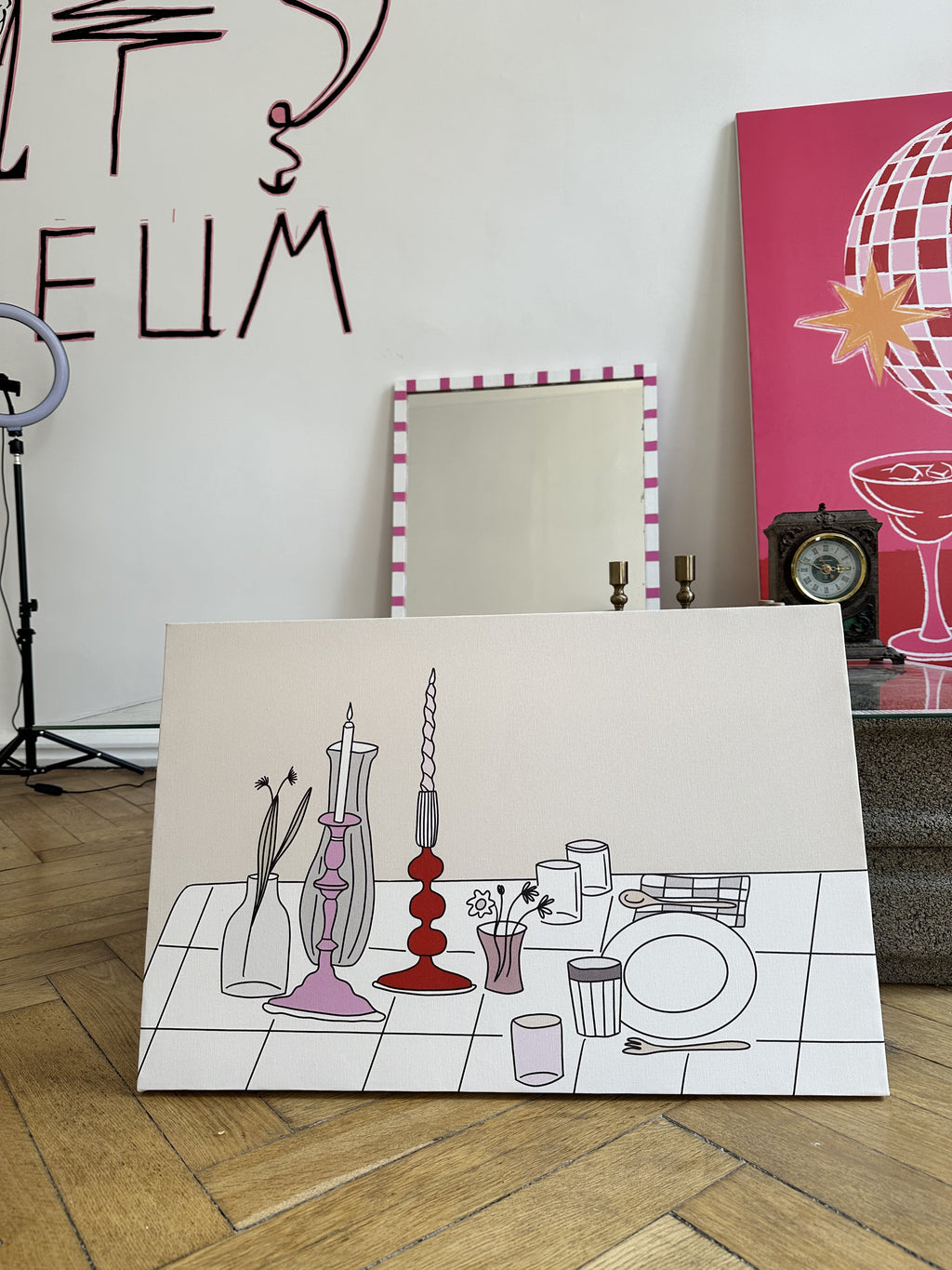 Minimalist dining table poster by Georgian artist displayed in modern kitchen interior