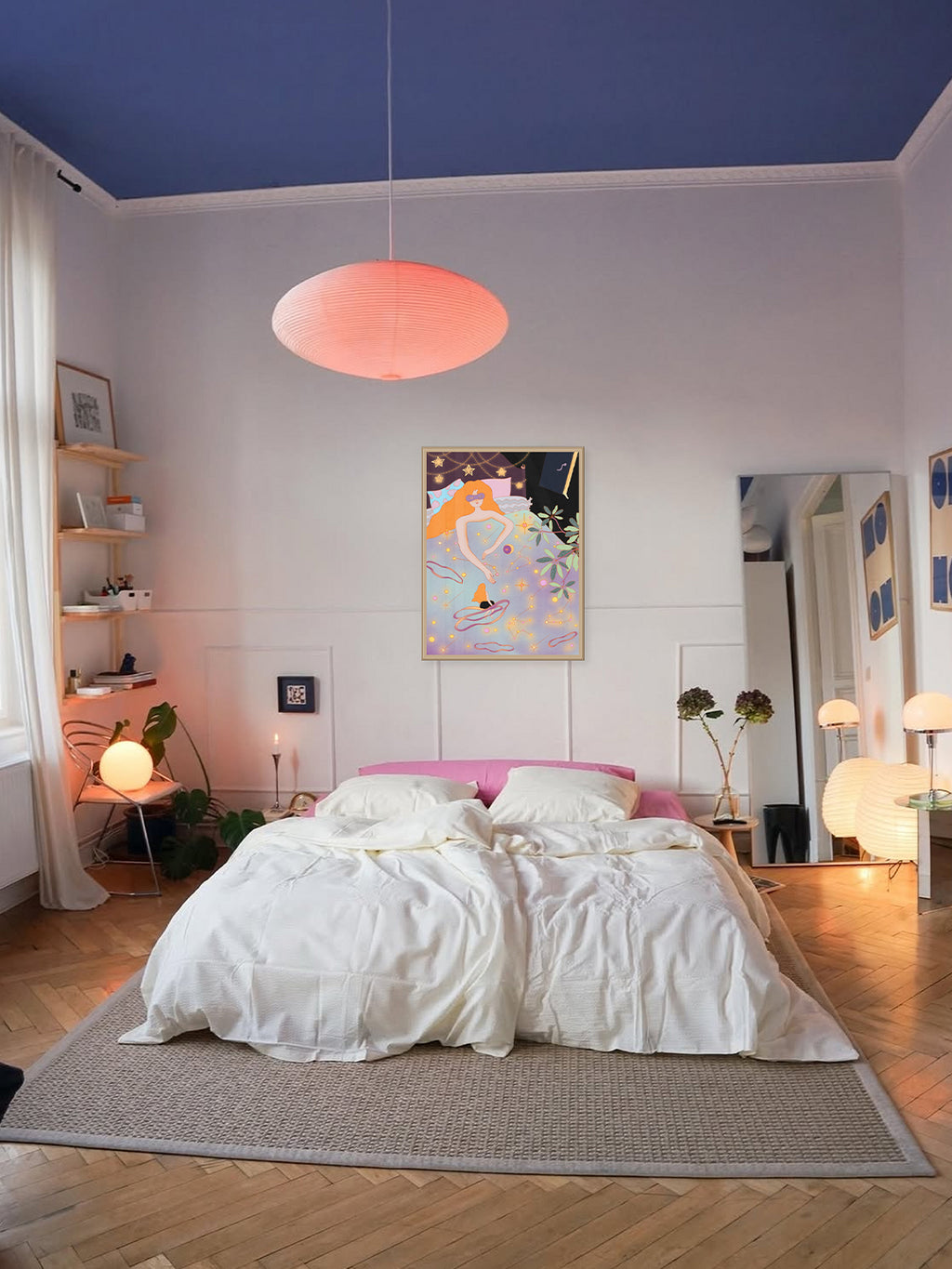 A modern bedroom featuring a bed with rumpled white bedding, a pink headboard, a textured gray rug, a blue ceiling, and a pink pendant light. Poster by DAE, above bed