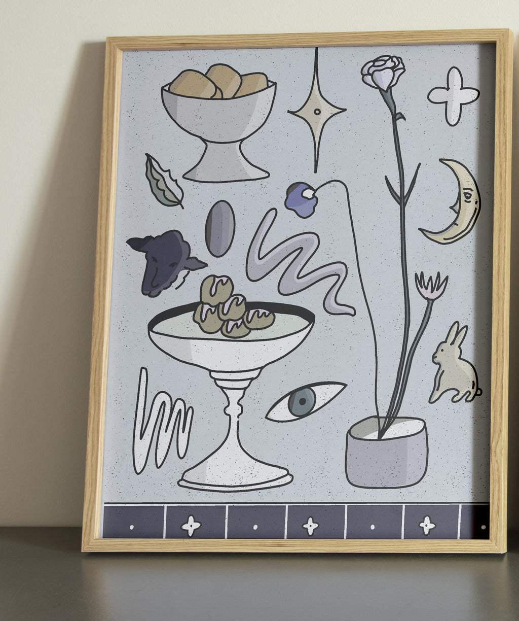 A framed poster with a minimalist design, featuring abstract and geometric shapes in black, white, and gray tones.