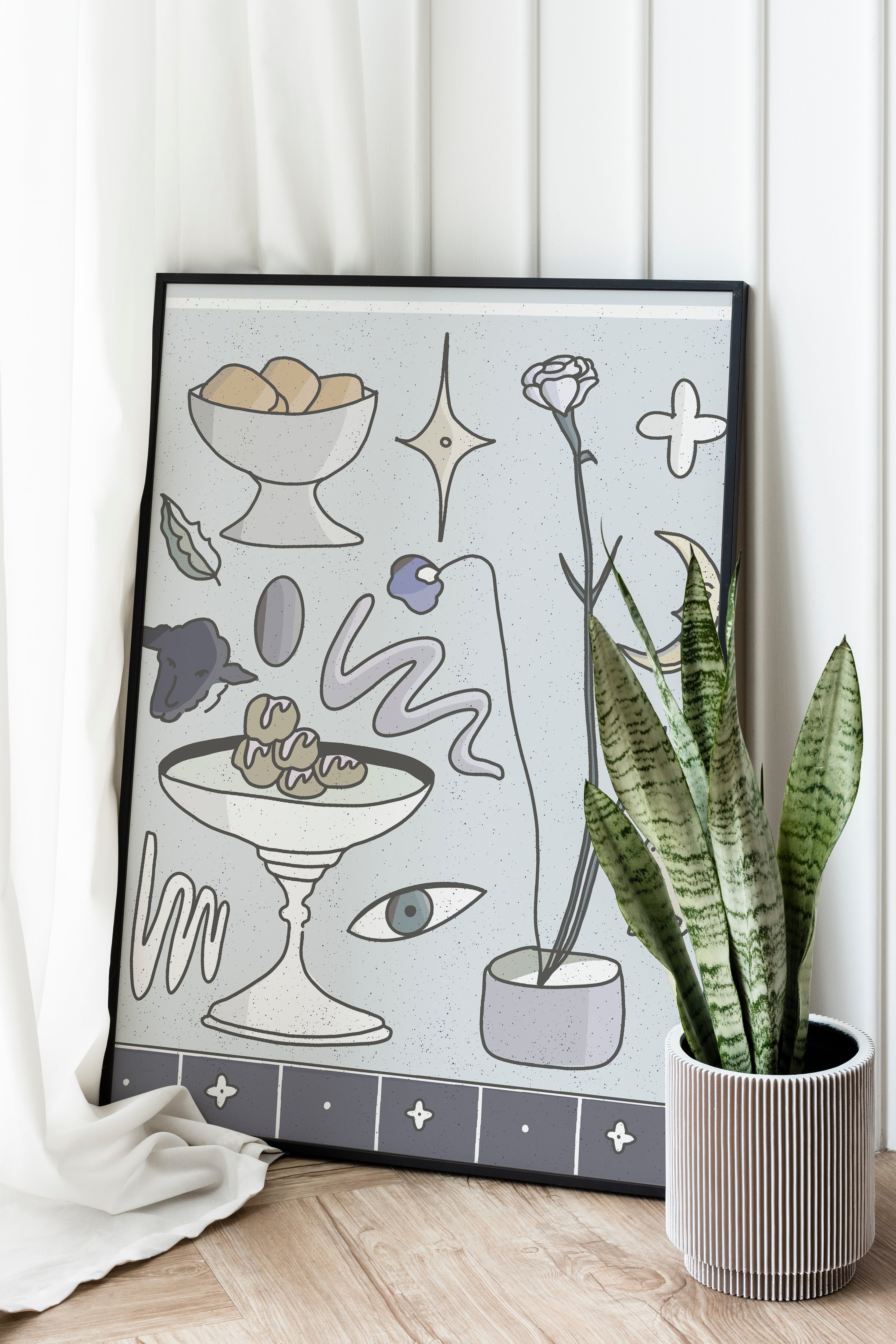 Blue Harmony poster styled on a table with neutral décor — minimalist wall art.