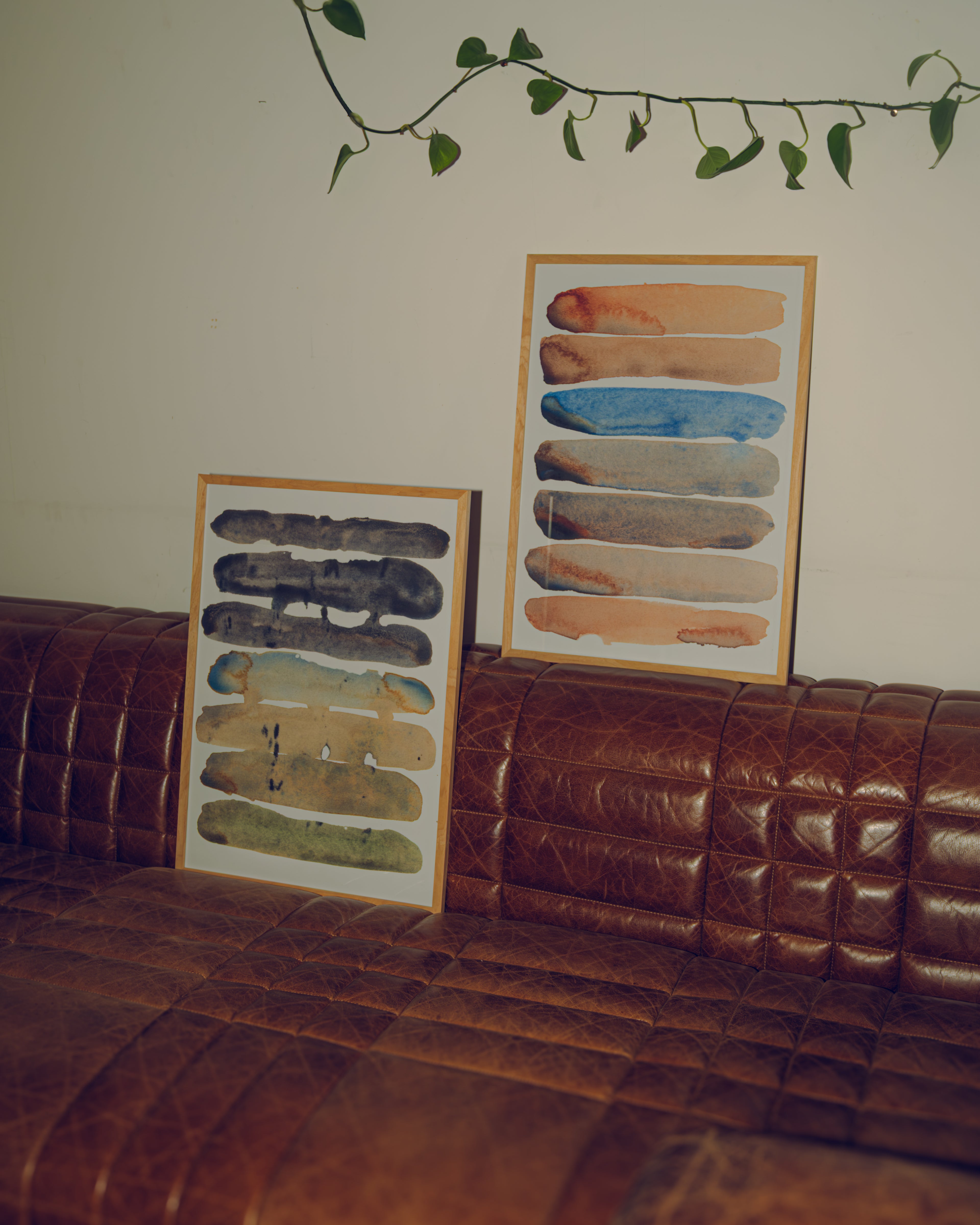 Two framed art pieces on a brown leather sofa with a plant in the corner.