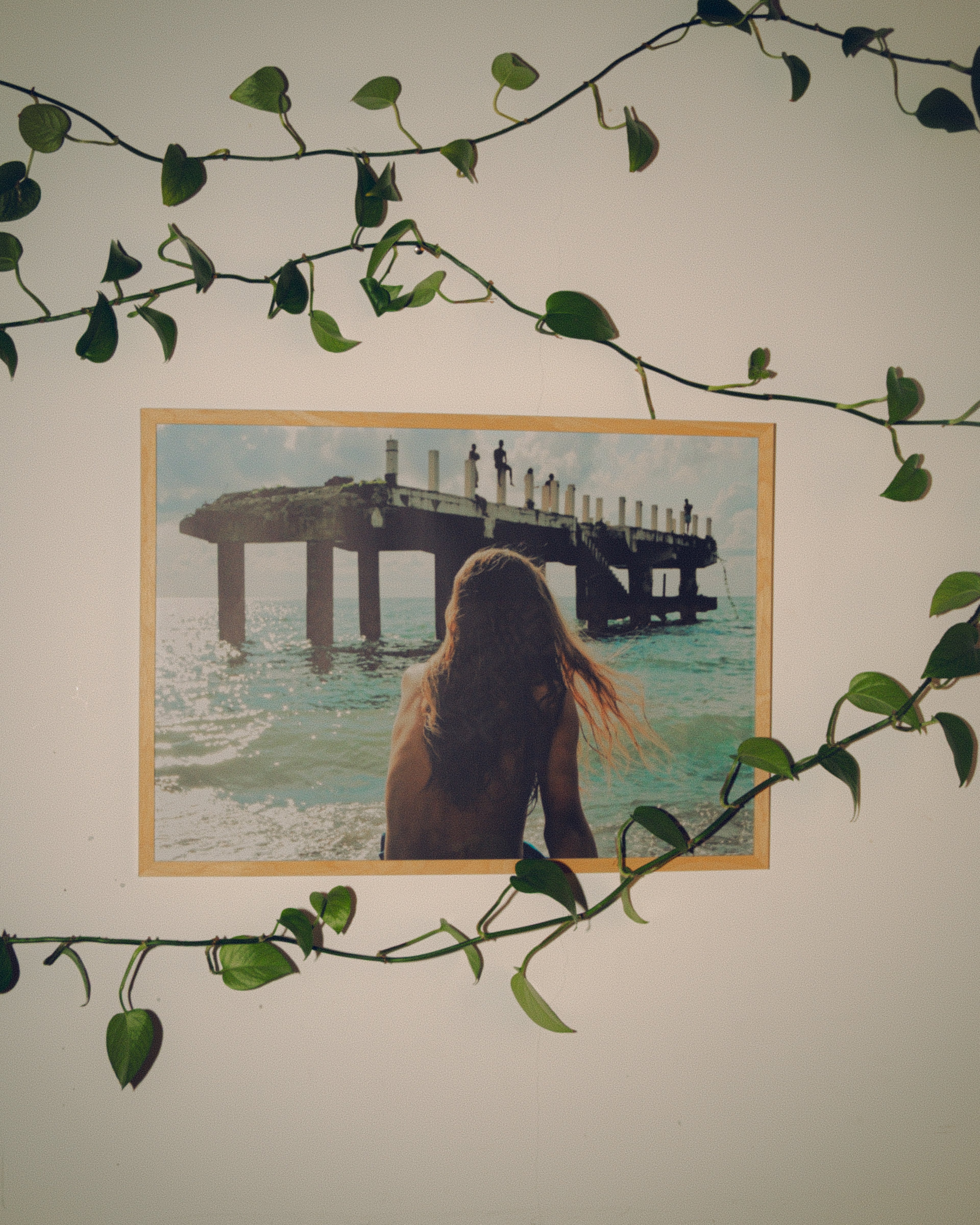 Framed artwork of a boy looking at a pier on a wall with green leafy branches.