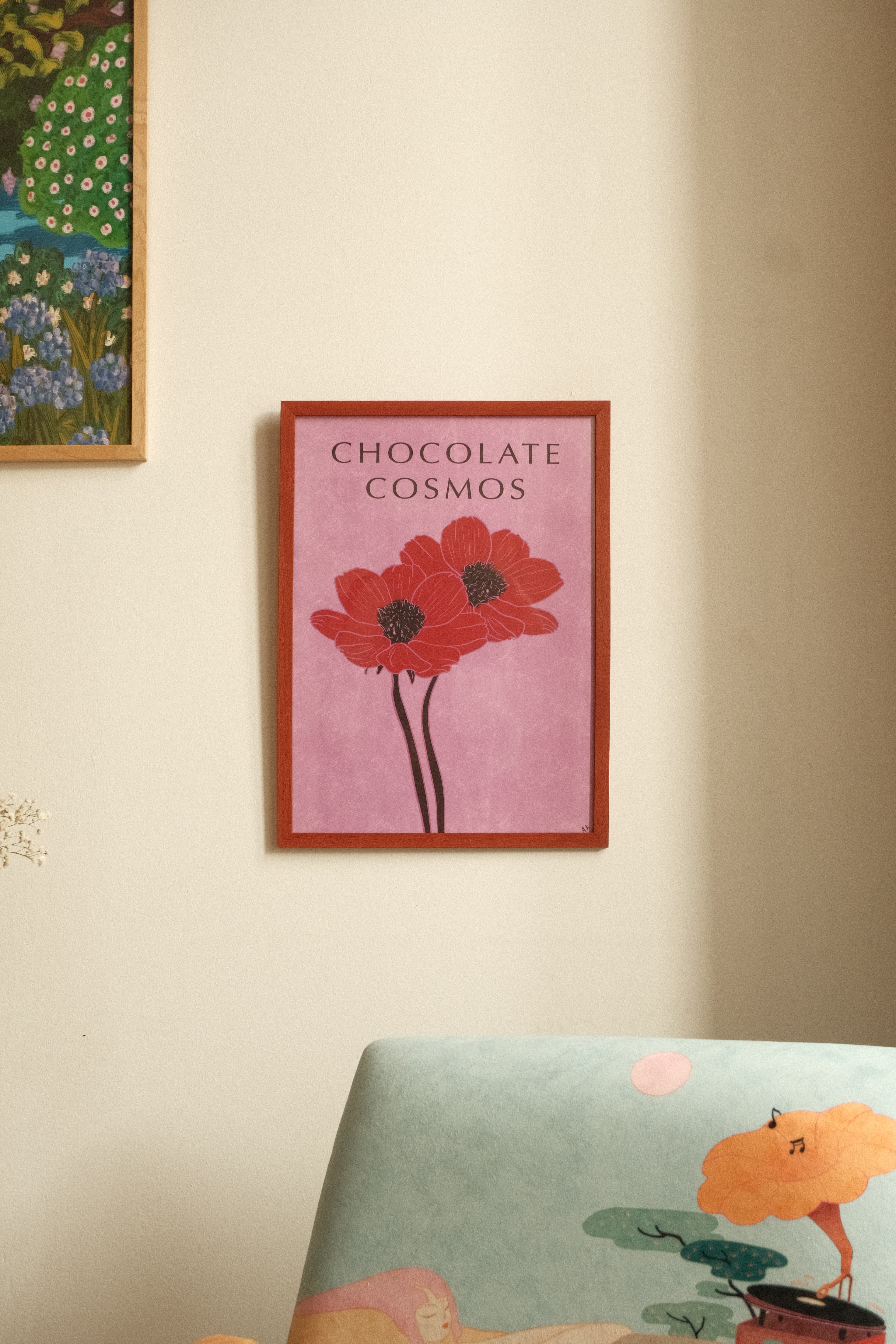 “Chocolate Cosmos” poster by Anano Kevanishvili featuring deep crimson flowers on a vivid pink background