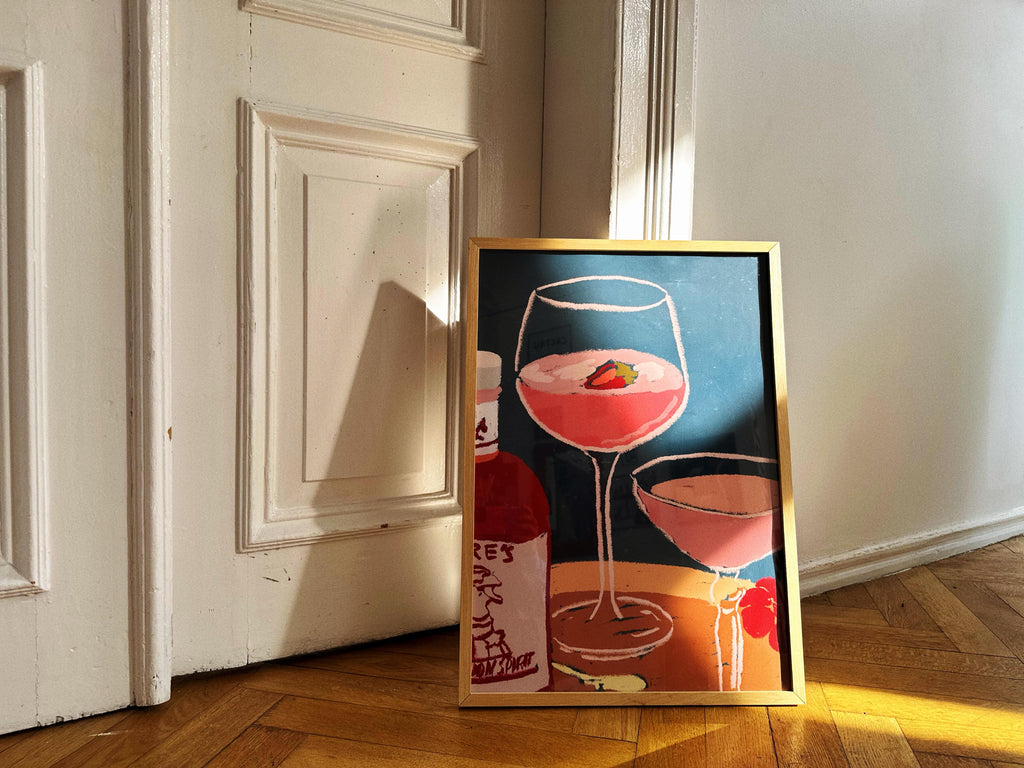 Poster “Cocktail Night” by Oliko Tkebuchava - minimalist red and blue cocktail illustration, printed by DAE.