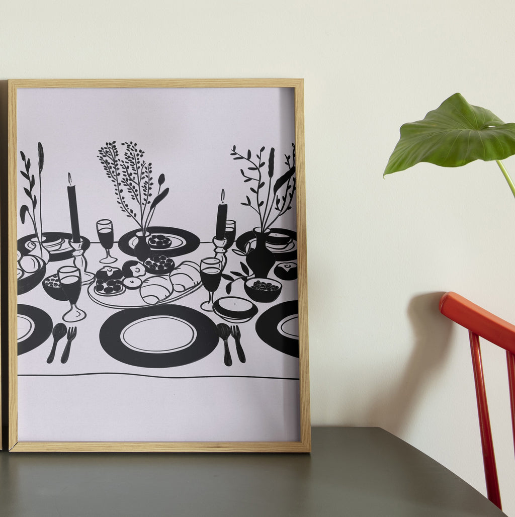 Minimal black and white still life table poster with clean line composition by Oliko Tkebuchava