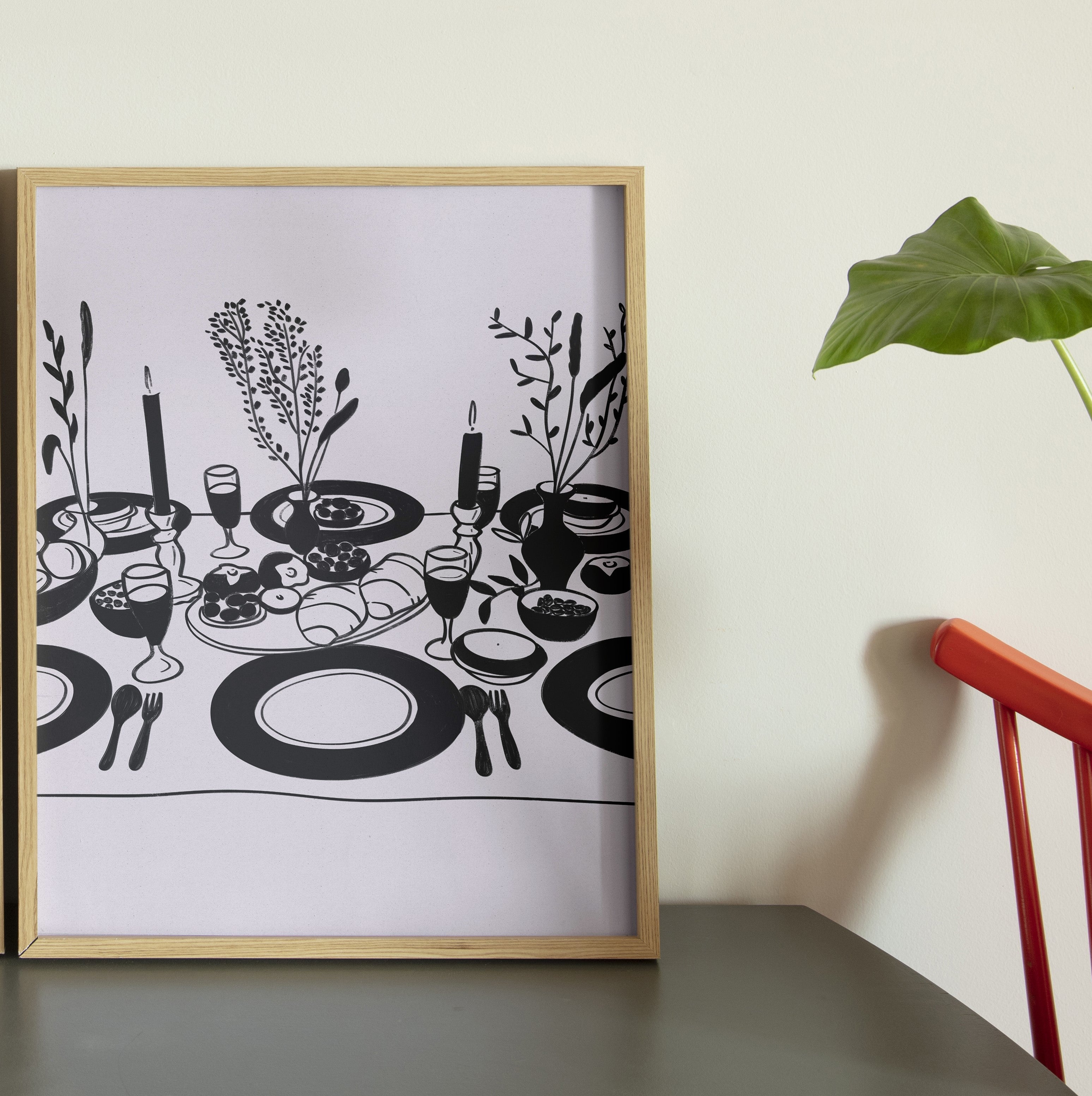 Minimal black and white still life table poster with clean line composition by Oliko Tkebuchava