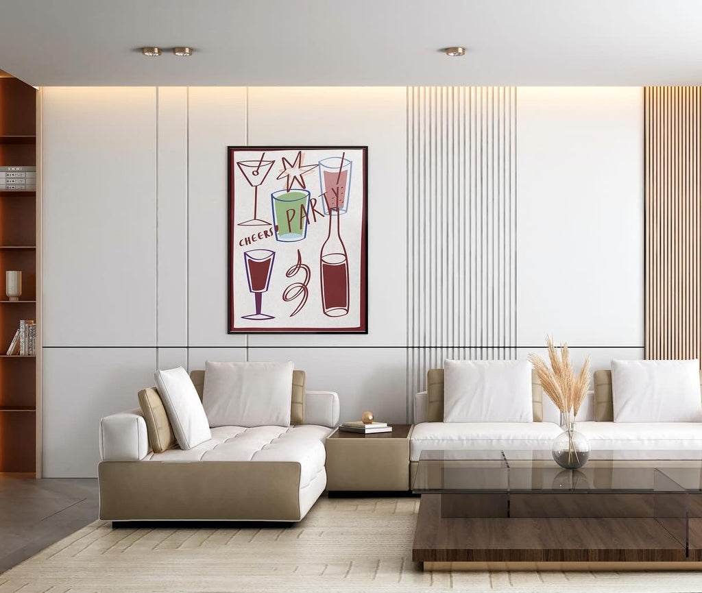 Modern living room with white sofas, a wooden coffee table, and decorative wall art by DAE