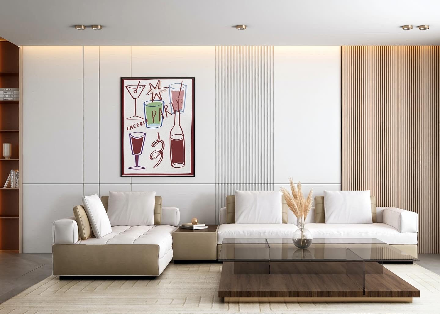 Modern living room with white sofas, a wooden coffee table, and decorative wall art by DAE