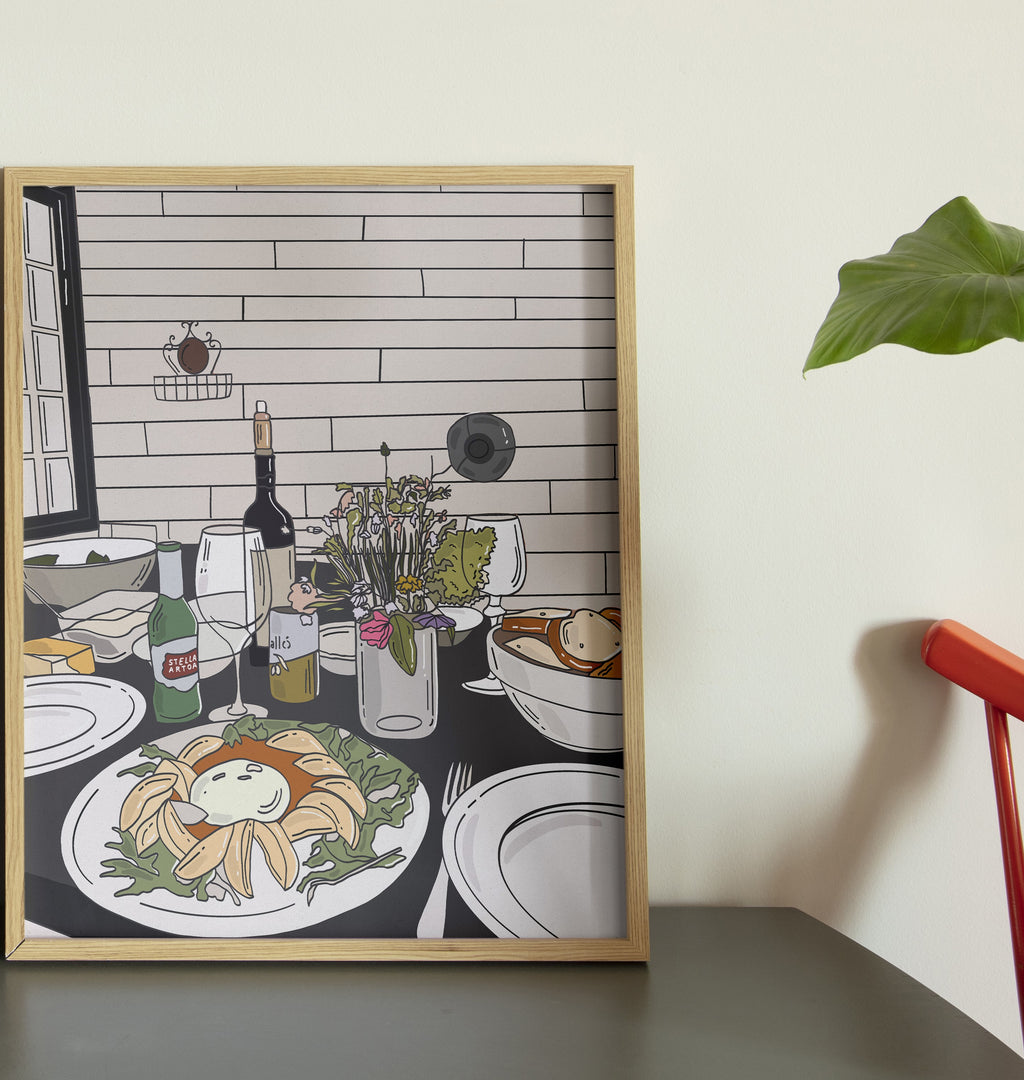 A colorful illustrated poster depicting a table set with various dishes and drinks, and decorative items such as flowers and a clock on the wall. DAE