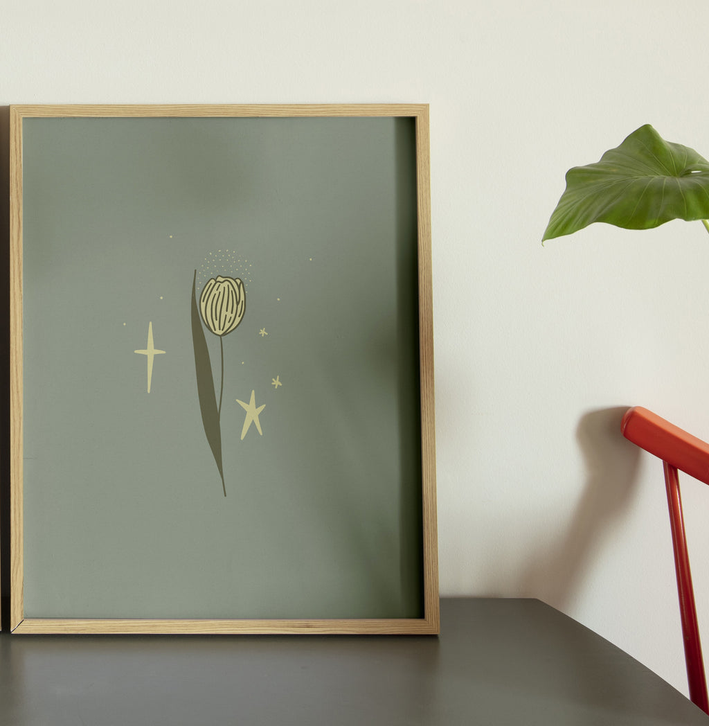 Minimalist floral art poster “Soft Bloom” by Georgian illustrator Oliko Tkebuchava, framed wall art.