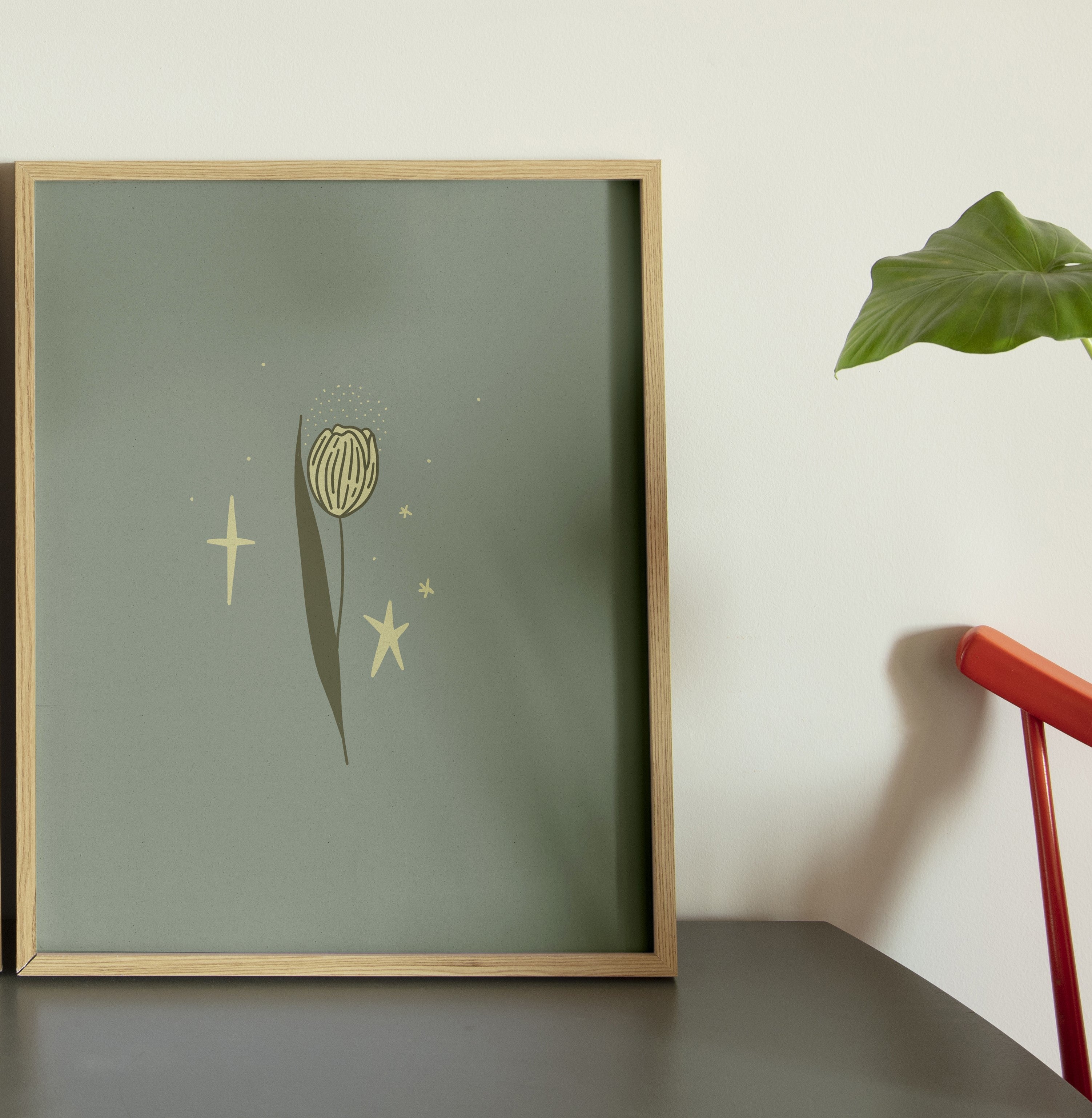 Minimalist floral art poster “Soft Bloom” by Georgian illustrator Oliko Tkebuchava, framed wall art.