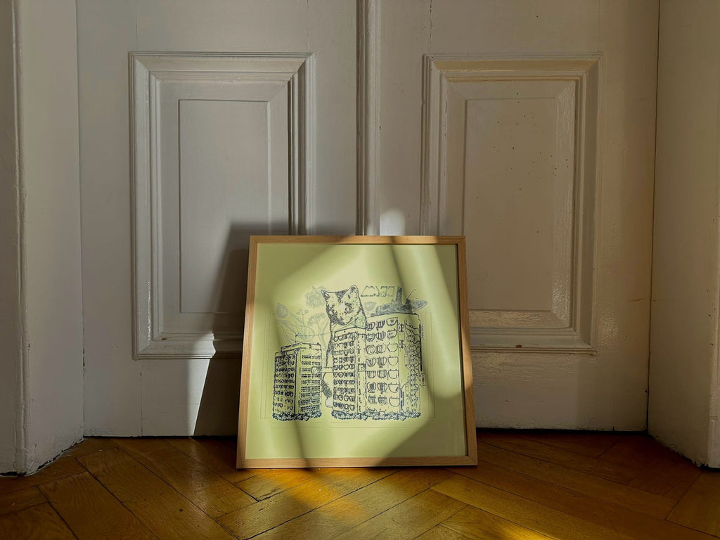 Poster “Tbilisi and Cat” by Lasha Lezhava – Georgian city-inspired art print on velvet, full of color and character, created by DAE • დაე.