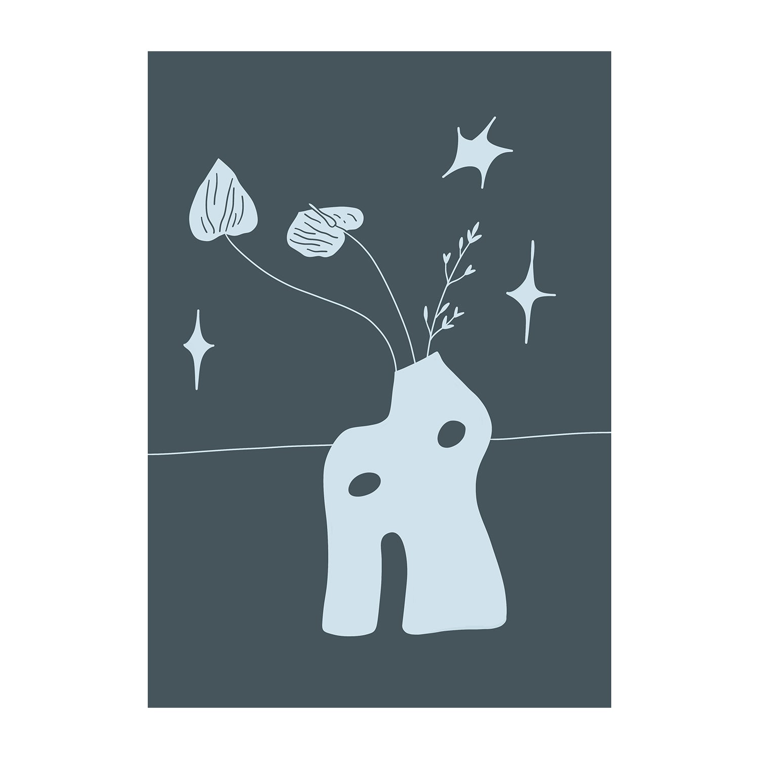 A poster featuring an abstract, minimalistic illustration with a stylized flower vase and stars, predominantly in blue tones.
