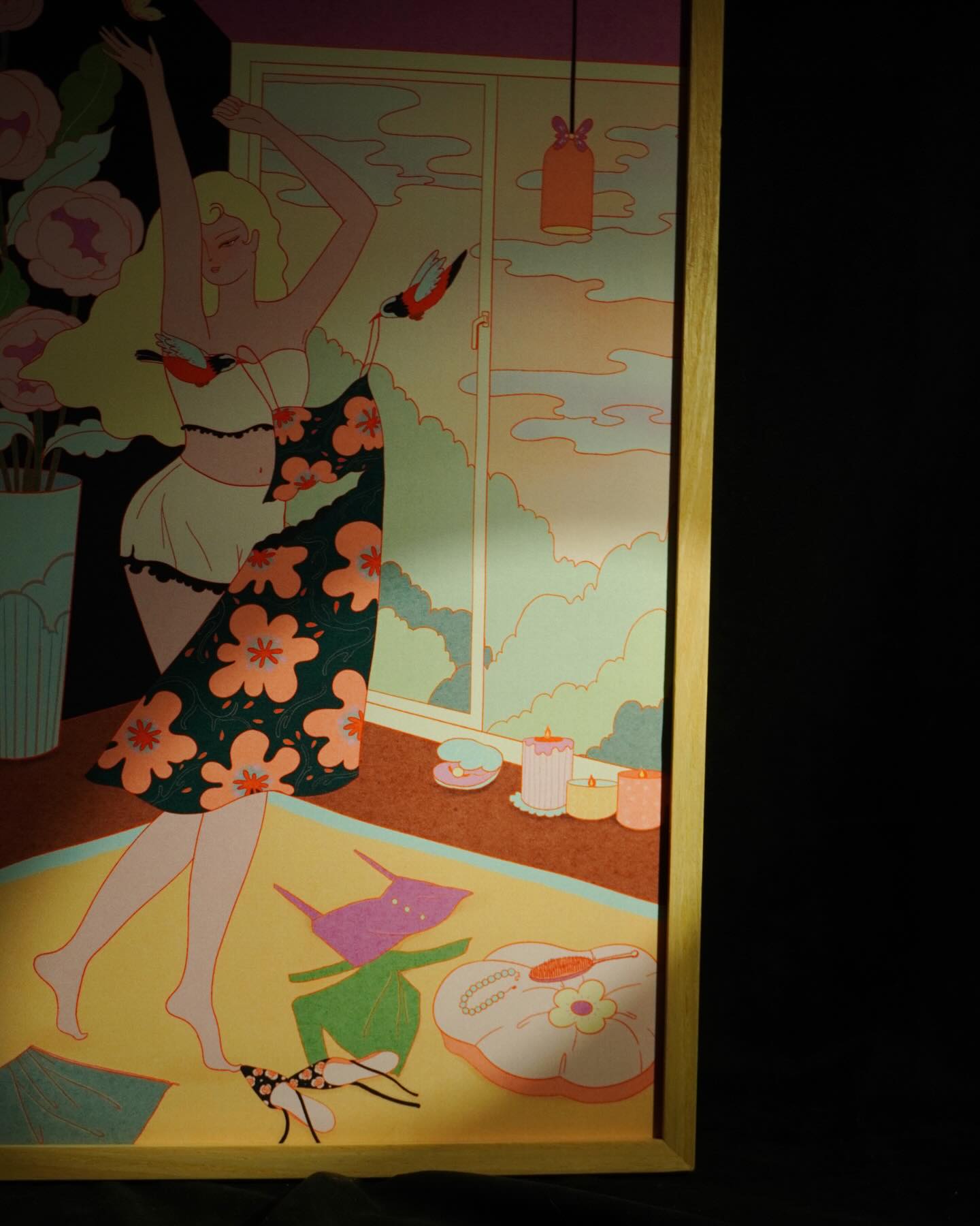 girl dancing at home, birds flying in illustration, interesting details like candles, lamps