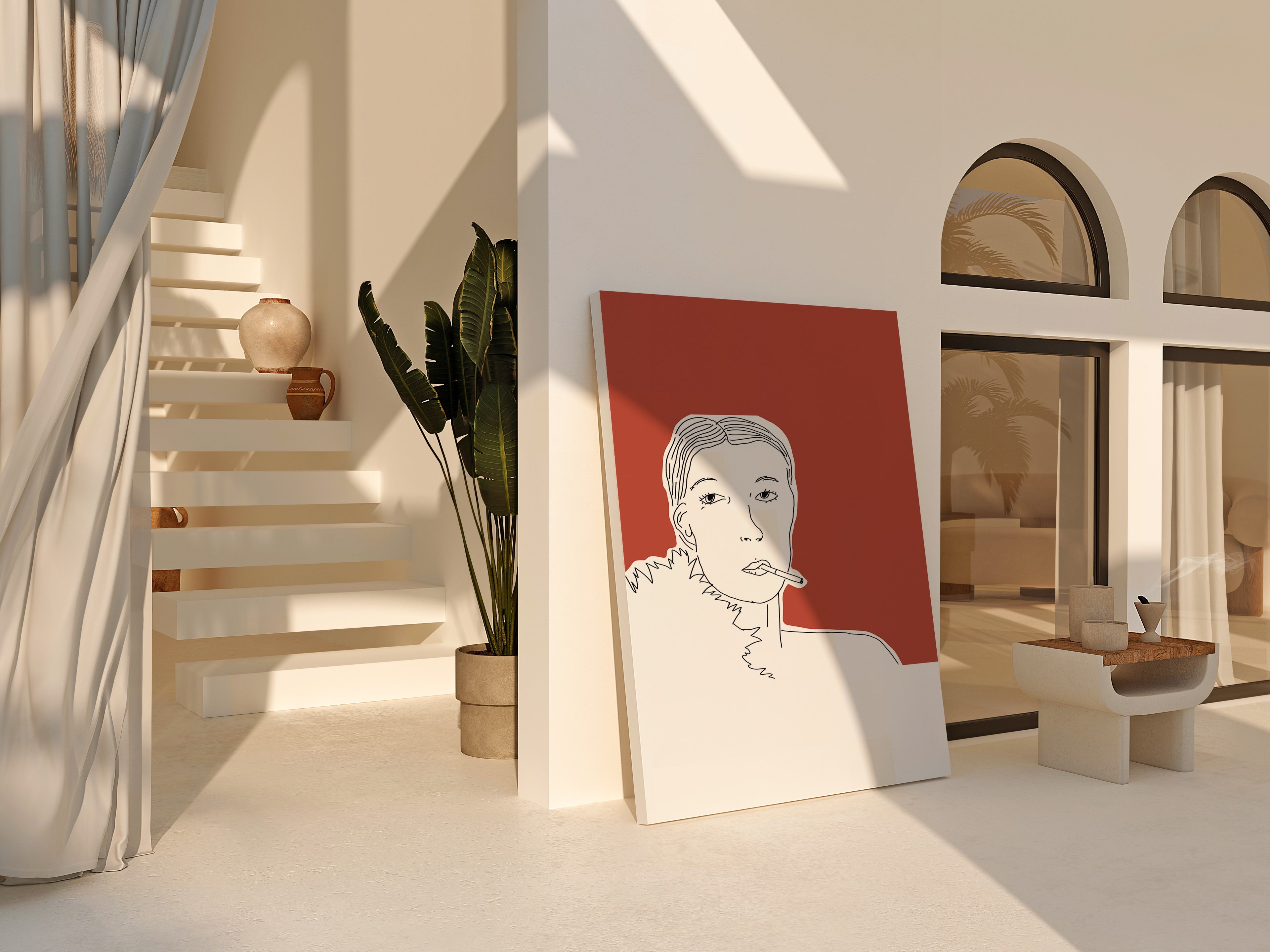 Modern interior with a staircase, plant, and framed poster by DAE on a red background.
