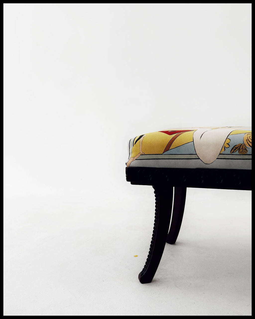 Bench with colorful illustration by Lea Woo, made by DAE