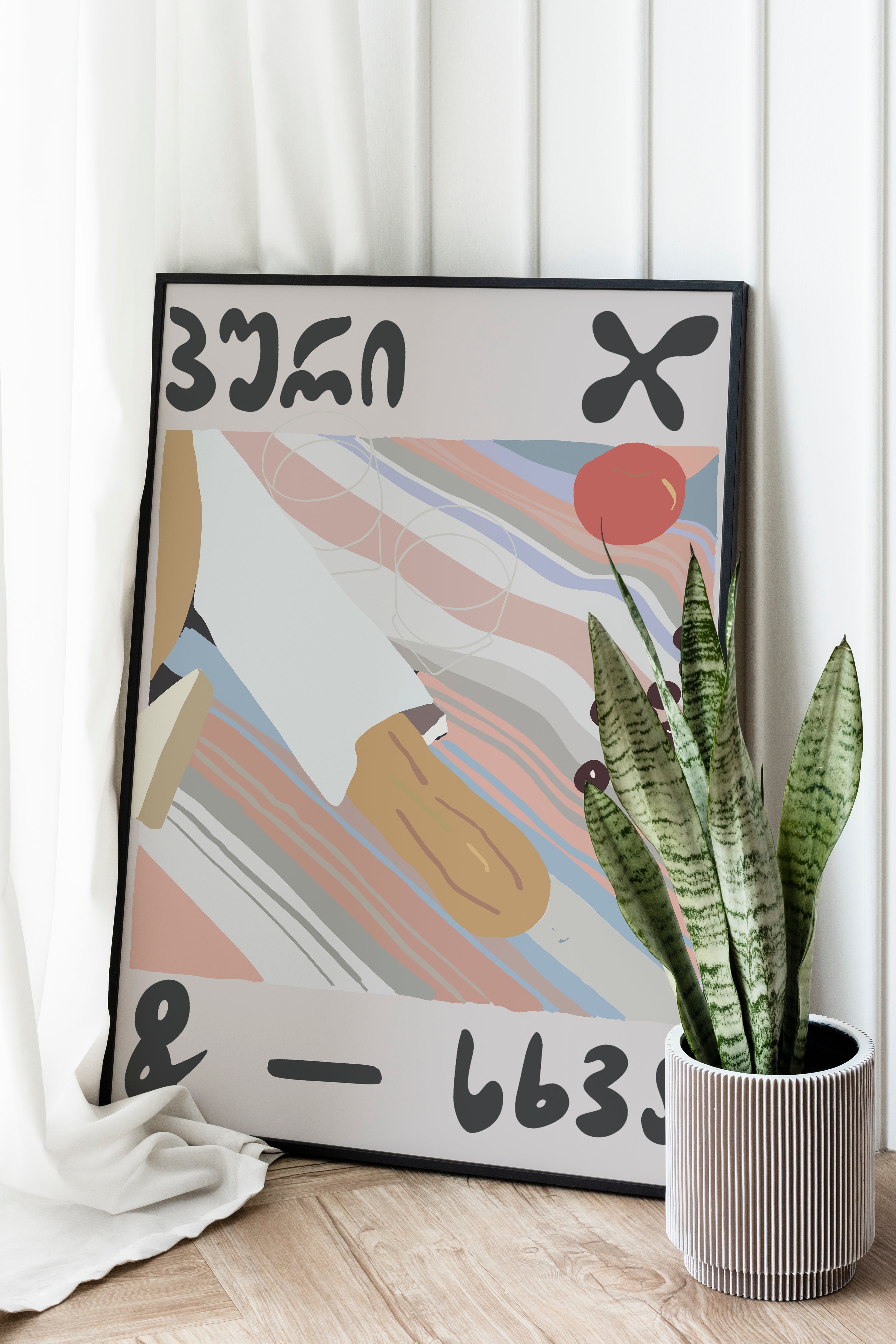 A poster with abstract geometric illustration leaning against a wall next to a plant pot. Poster “Bread & Other” by Oliko Tkebuchava – minimalist Georgian wall art, printed on paper, available framed or unframed.