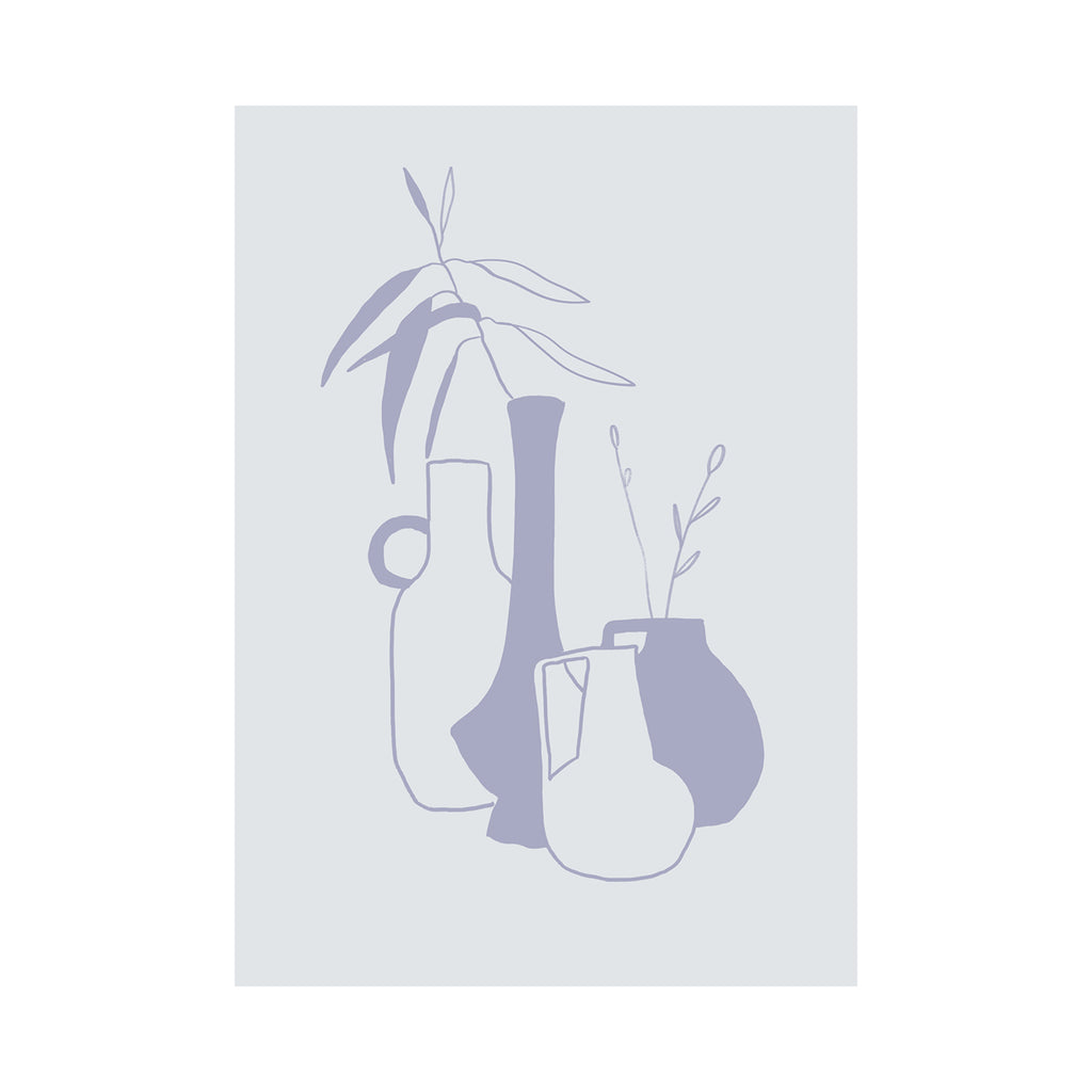 A poster with a minimalistic illustration of various abstract vases in shades of gray.