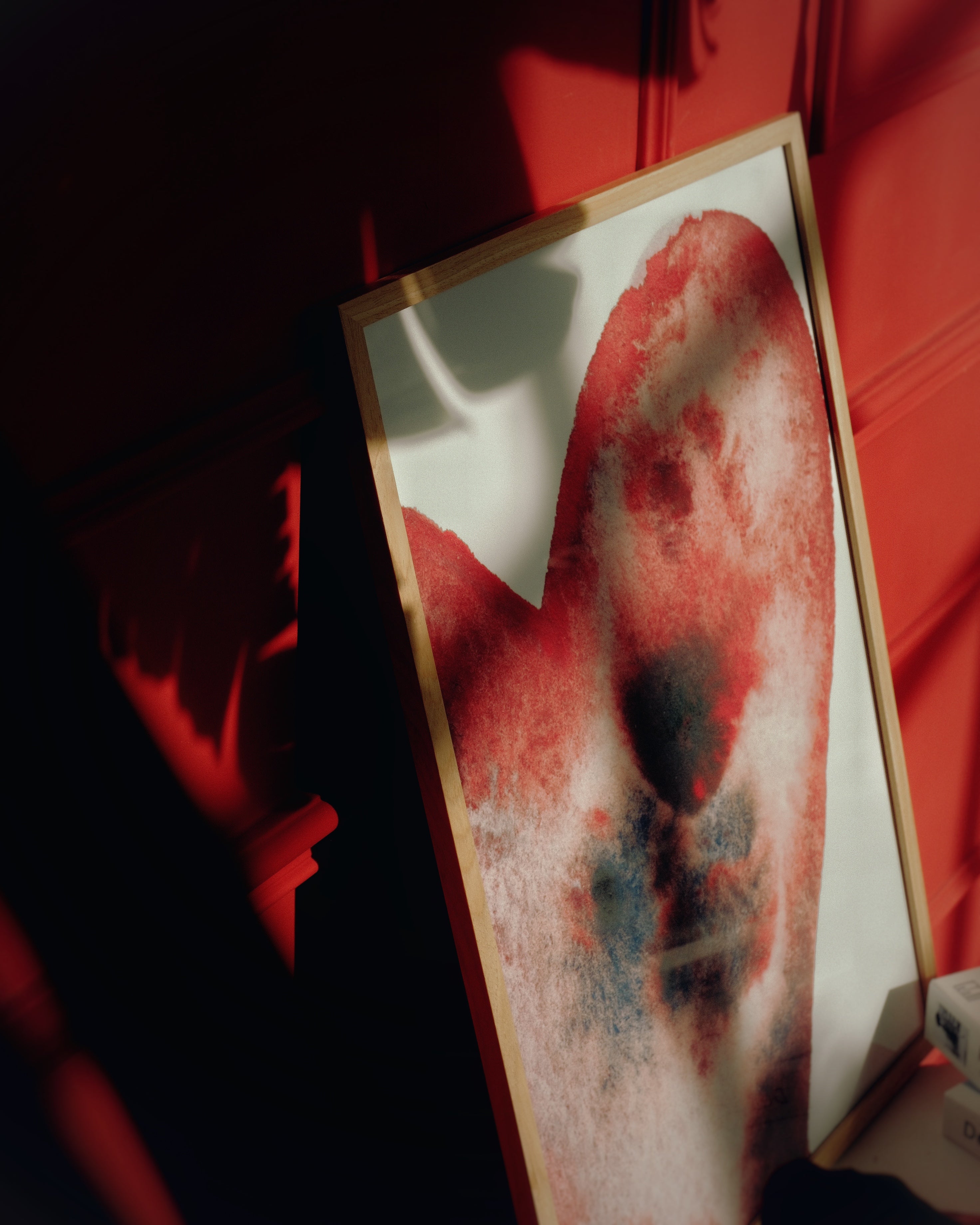 Framed artwork of a red and white abstract design on a red background