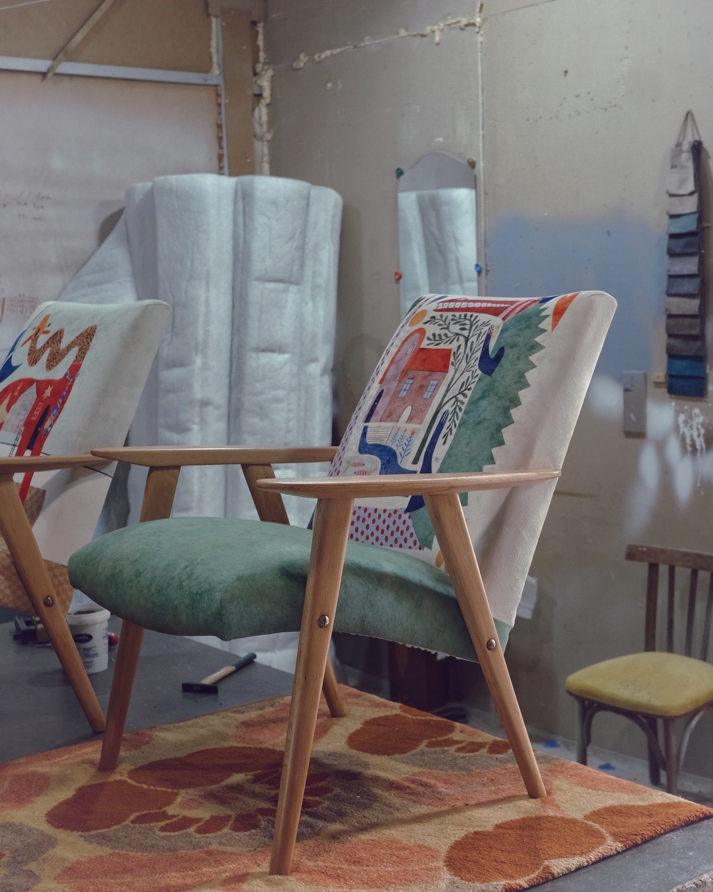 Restored and renewed vintage chairs, in working room of DAE, illustration from german artist, renewed with care 
