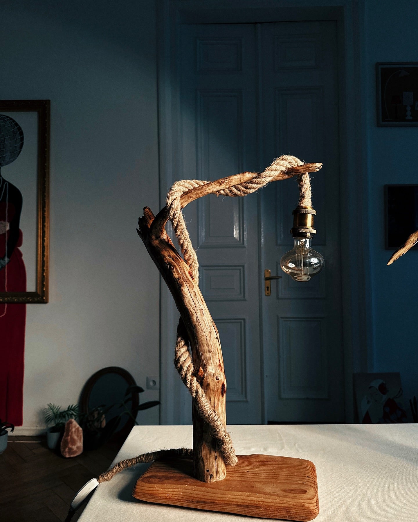 handmade wooden lamp on the table