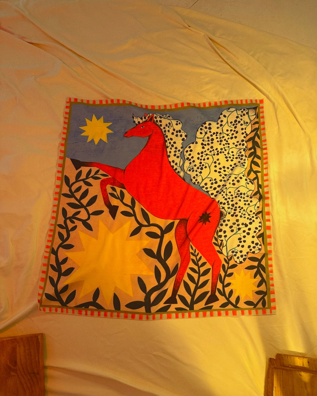 Printed scarf with horse illustration by Feli Beringer on artificial silk