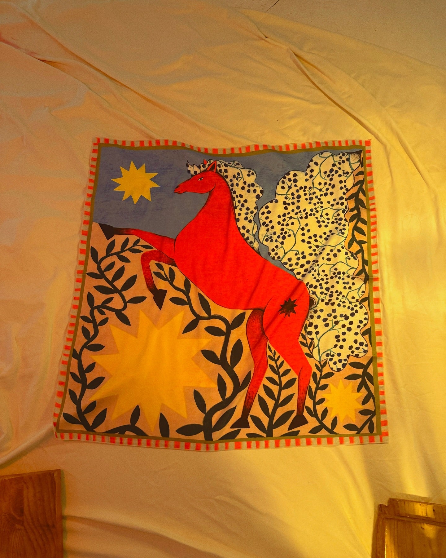 Printed scarf with horse illustration by Feli Beringer on artificial silk