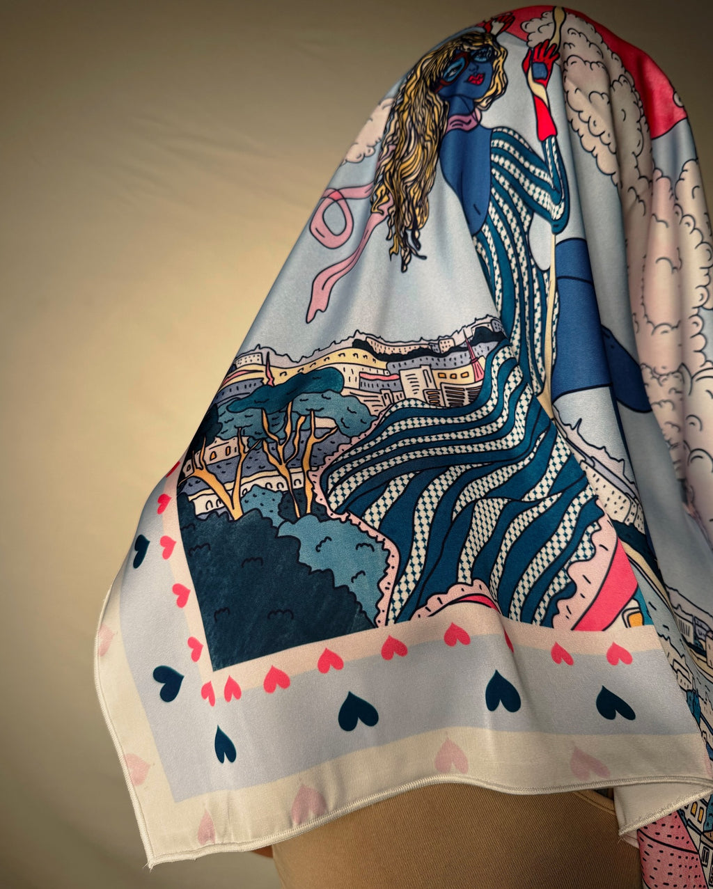 Model wearing Love is in the Air illustrated scarf by Anano Kevanishvili