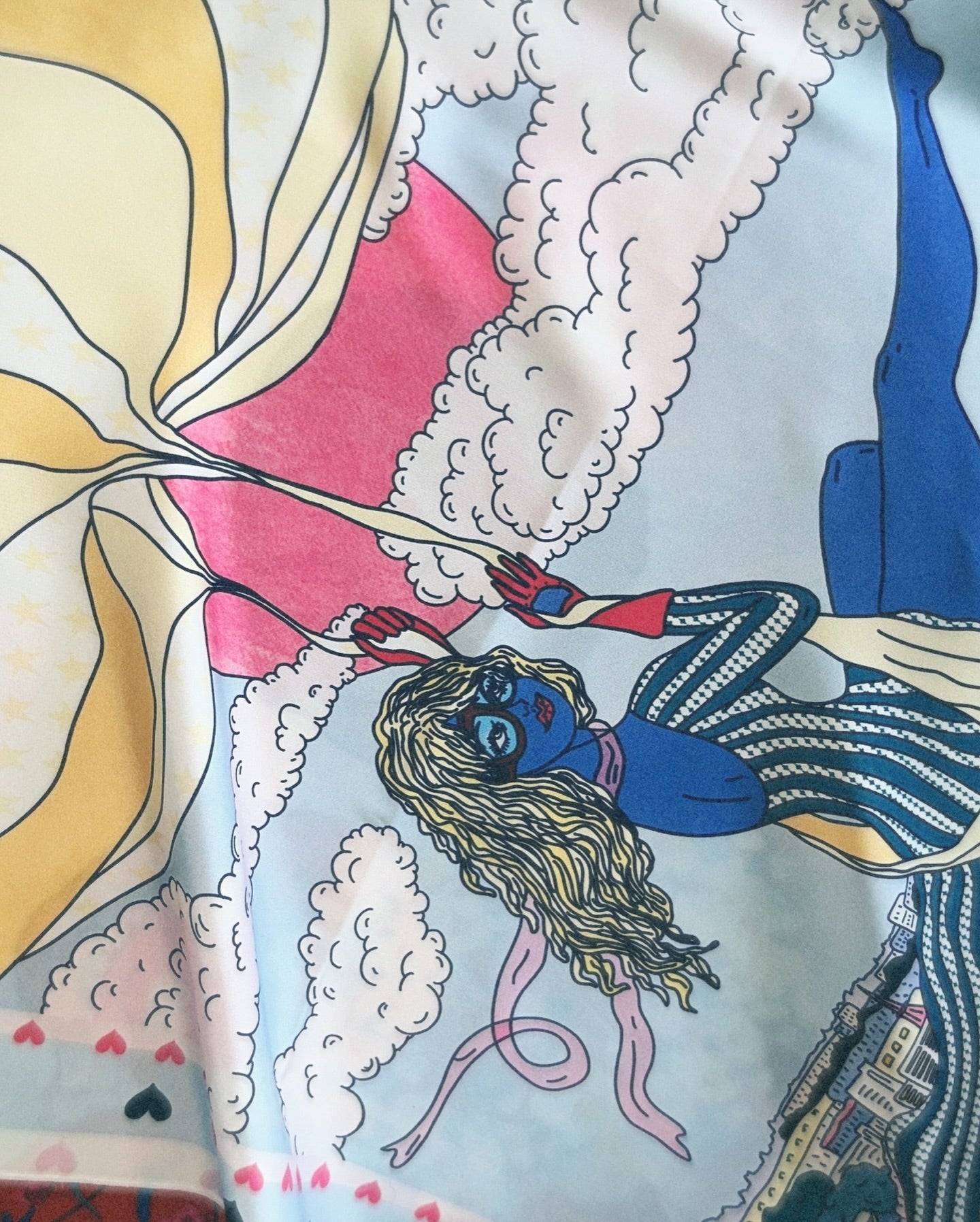 Close-up of colorful expressive artwork on Love is in the Air scarf