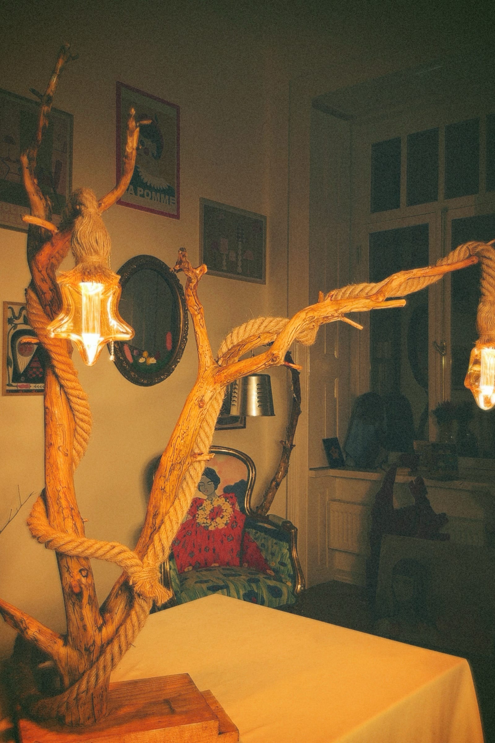 handmade wooden lamp in the interior