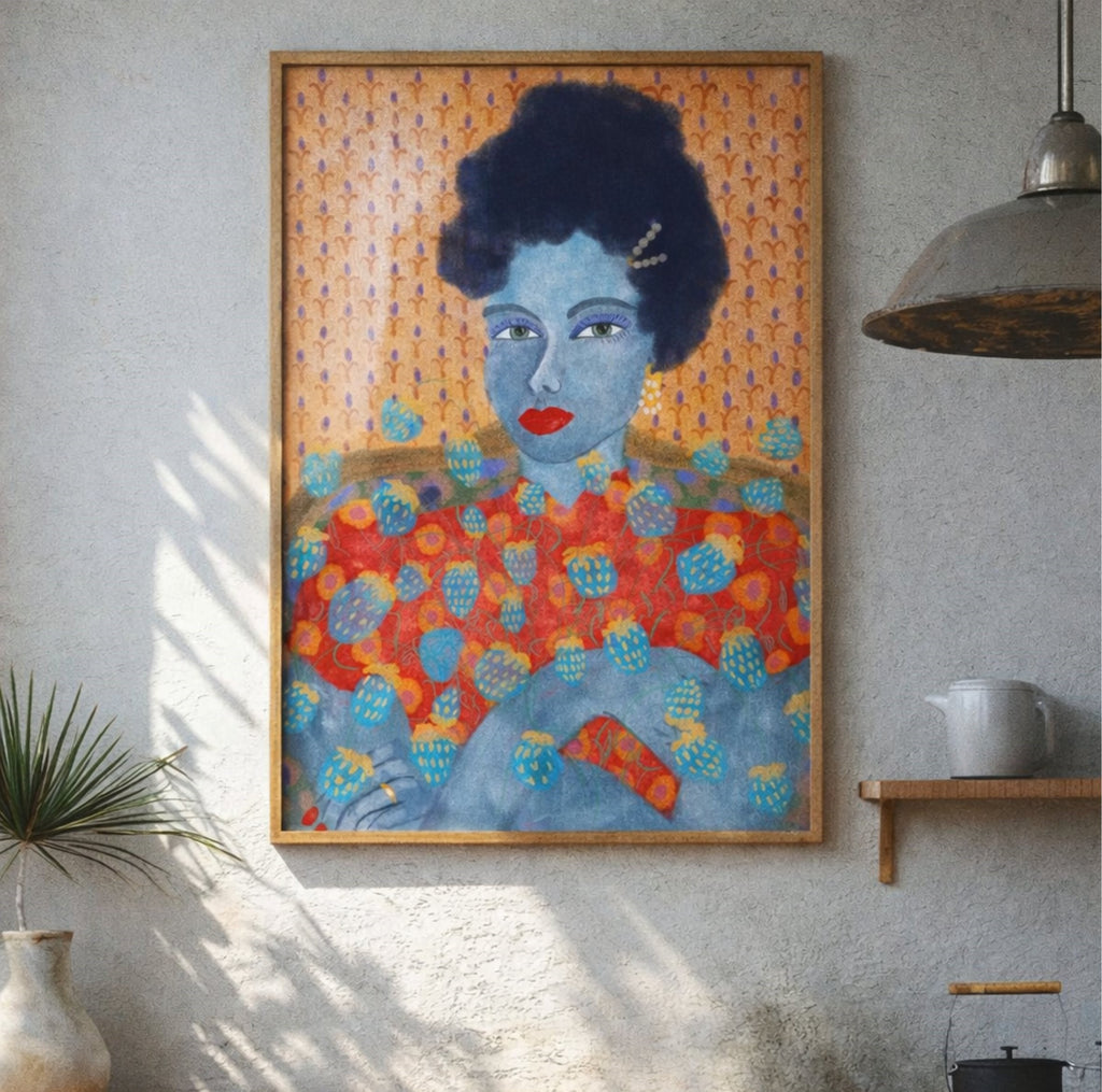 Colorful painting of a woman on a wall in a room with a lamp and plant.