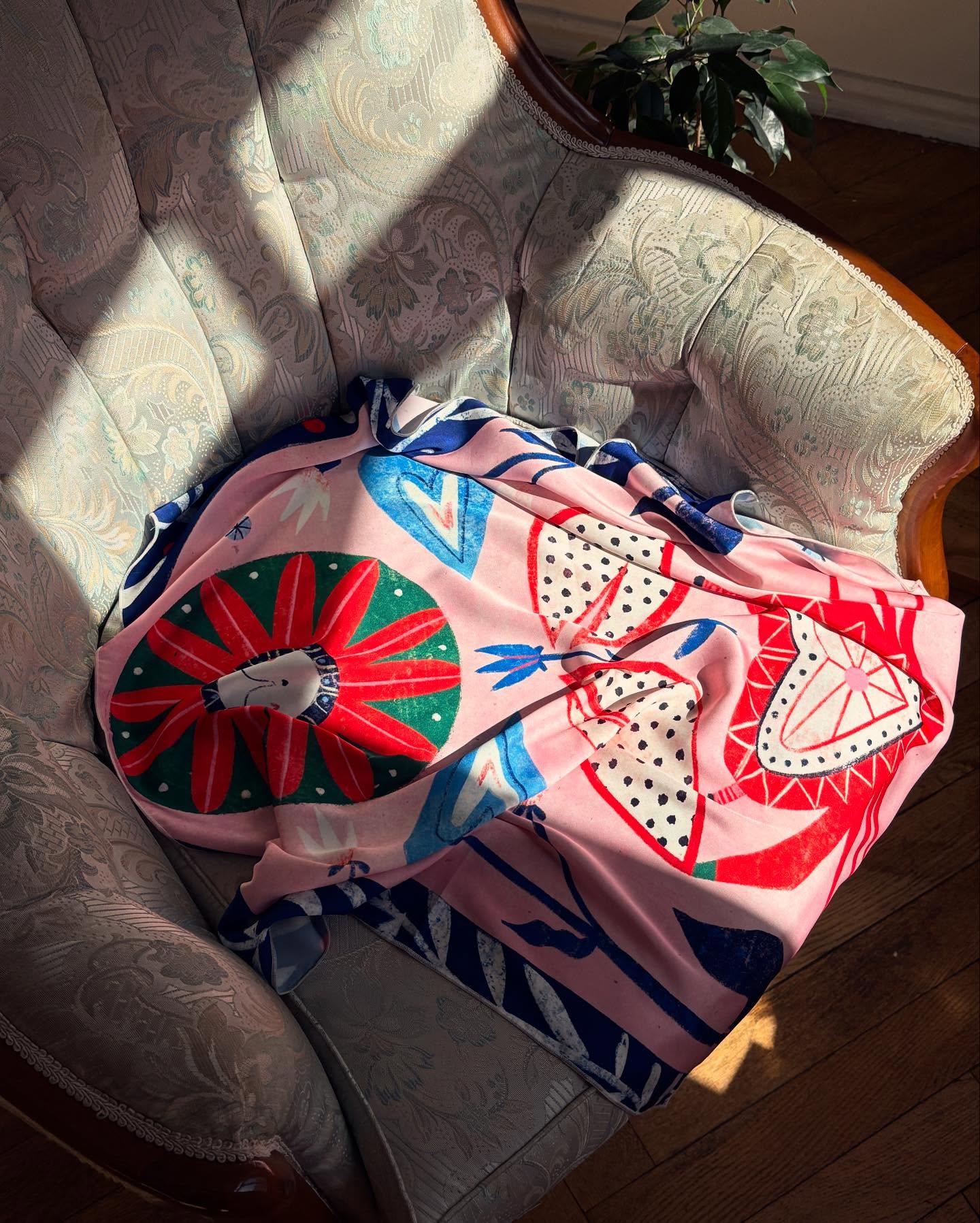 Sun and Cancer art silk scarf by Feli Beringer with symbolic zodiac illustration