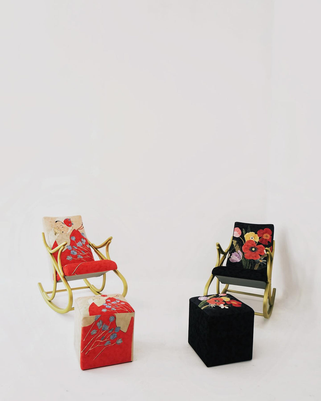 Two rocking chairs with floral designs on a white background