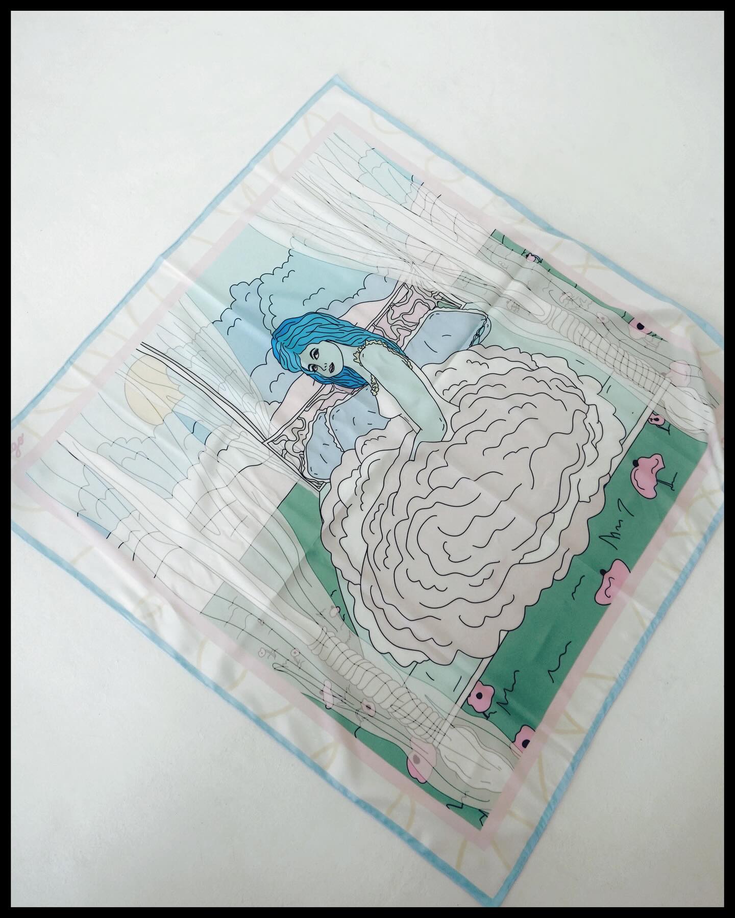 Illustration of a woman with blue hair lying in bed on a white background, Virgo zodiac art silk scarf illustrated by Anano Kevanishvili with soft colors and symbolic details
