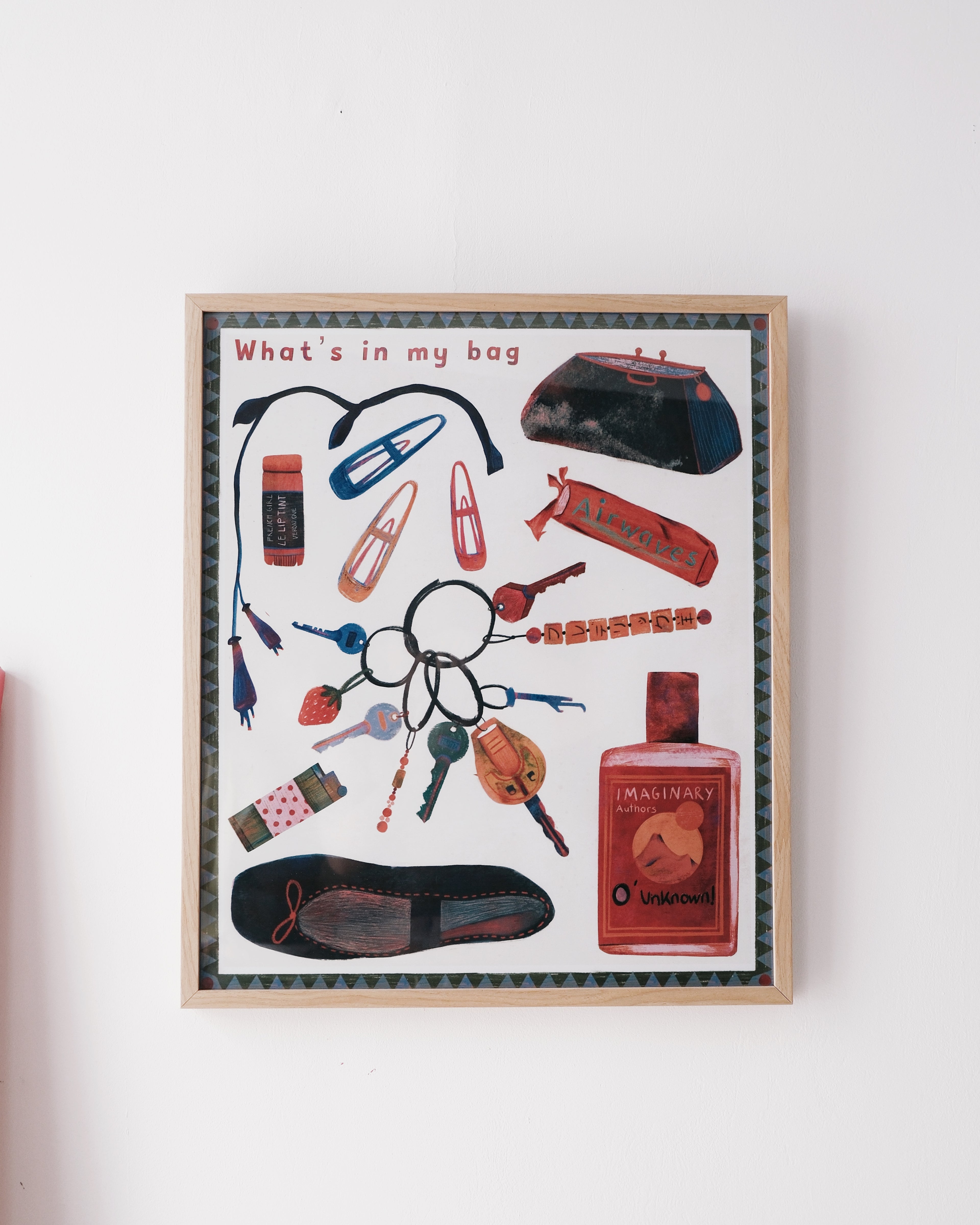 Framed artwork of everyday items with text 'What's in my bag' on a white background