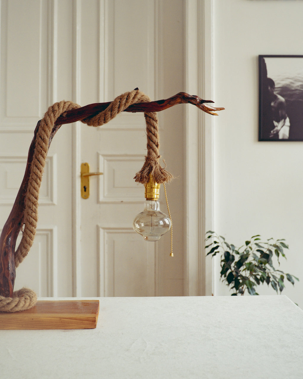 Decorative lamp with rope and wooden base on a white surface, with a door and plant in the background.